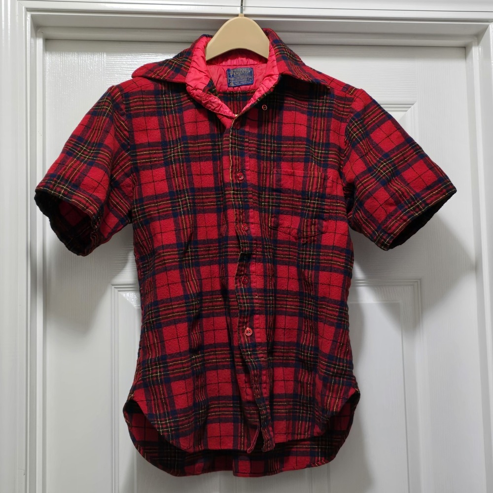 Vintage Pendleton Men's Wool Red Multi Color Short Sleeve Plaid Shirt Size L